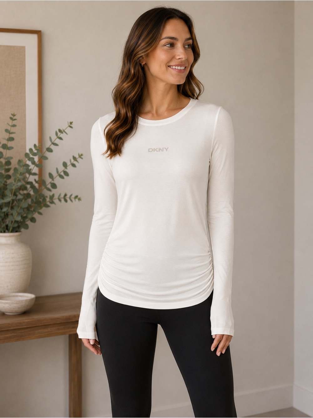 NWT DKNY Jeans Cream Rhinestone Logo Ruched Long Sleeve Top Medium